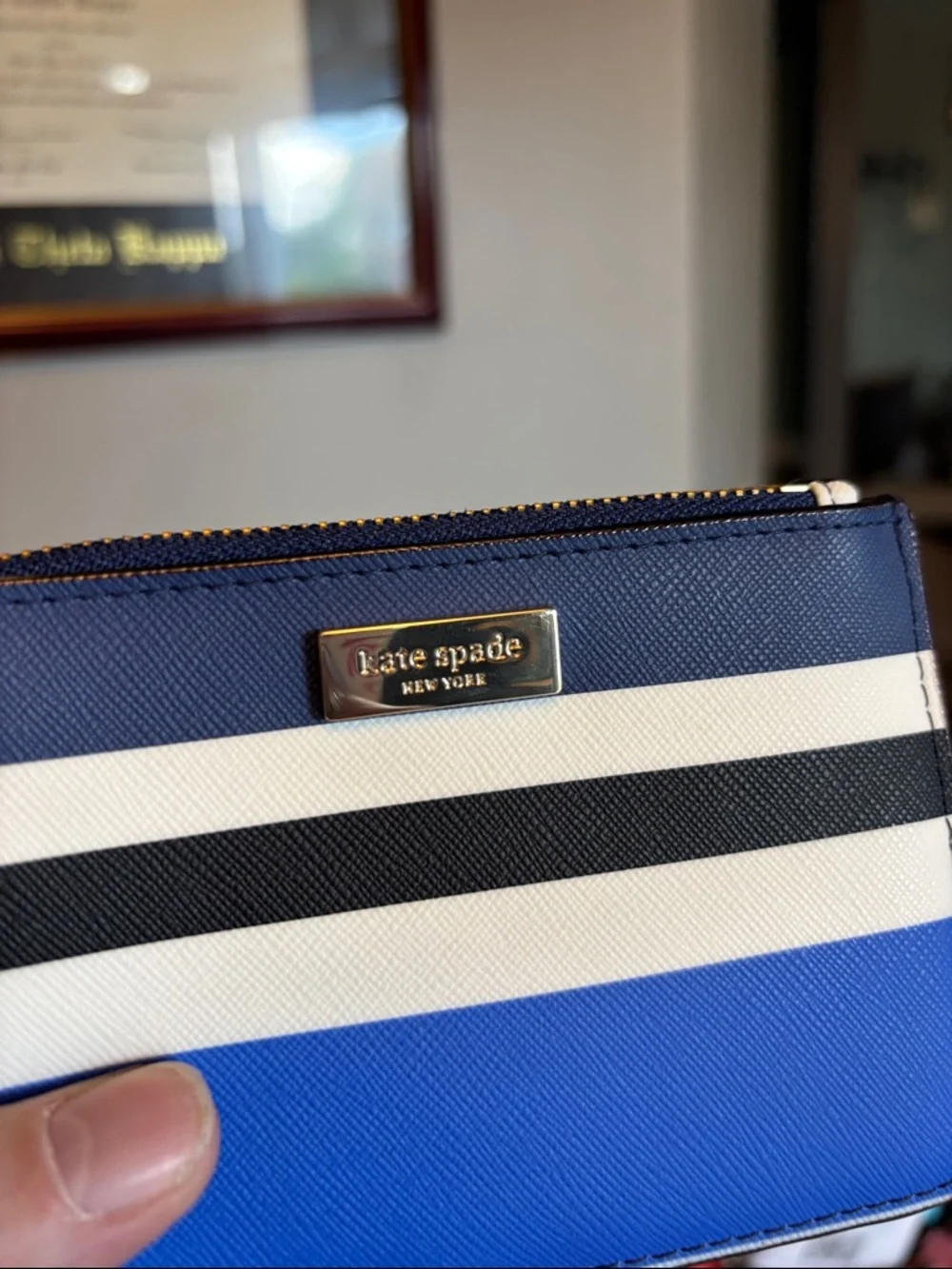 kate spade Blue, White & Black Striped Leather Zip Card Case with Key Ring - Picture 4 of 4